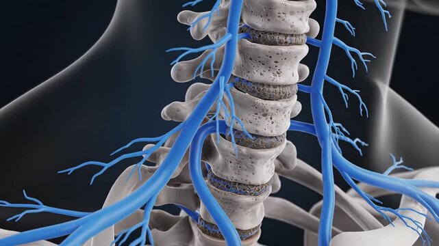Close up anatomical illustration of the human spinal column showing vertebrae and nerve endings branching out, rendered in blue against a dark backdrop.