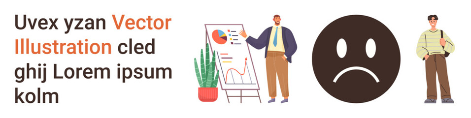 Fototapeta premium Teamwork, business analysis, emotions, workplace collaboration, data presentation, statistics. Two individuals near a chart, a sad face and a man holding a bag. Business analysis and emotions