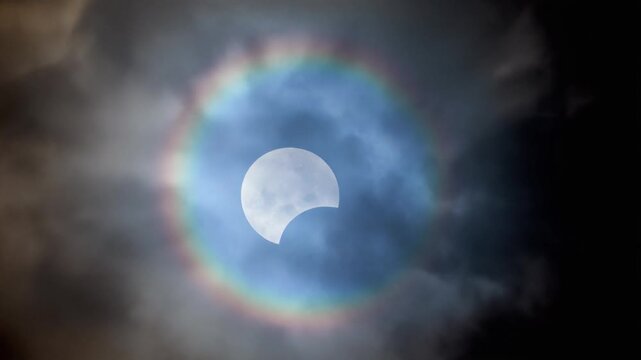 Partial solar eclipse with the moon obscuring the sun, surrounded by a vibrant rainbow halo through dark clouds.