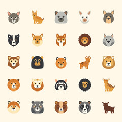 Fototapeta premium Collection of Adorable Animal Face Icons, Featuring Diverse Species for Creative Projects