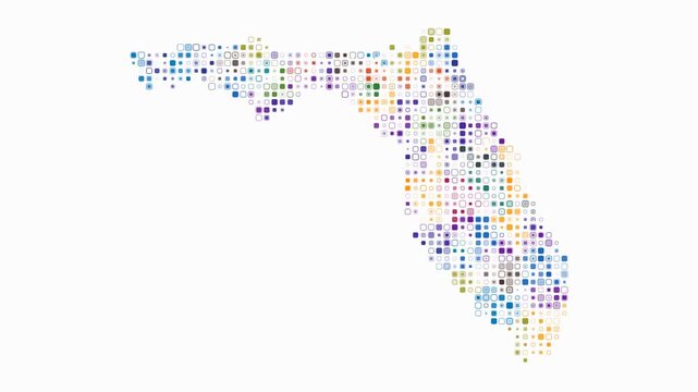 Florida animated shape. Pulsating colored dots on the map of the state. Small size rounded square blocks. Digital style Florida map on white background. Abstract animation video.
