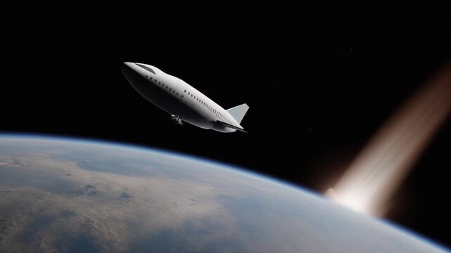 A sleek white spacecraft ascends into the dark expanse of space above Earth's curved horizon, leaving a fiery trail behind it.