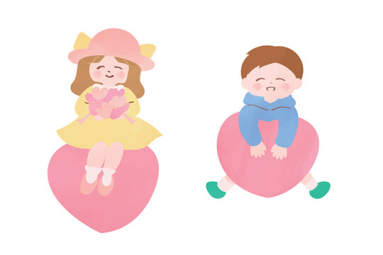 ハートに座る女の子とハートにしがみつく男の子｜かわいい子どもとハートのイラスト