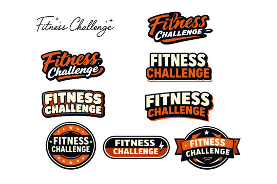 Fitness challenge logo collection: bold text designs with orange and black accents