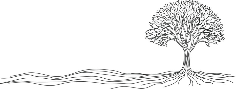 Detailed sketch of a solitary tree with exposed roots on a textured ground