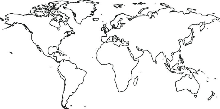 Hand drawn outline world map showing continents and oceans