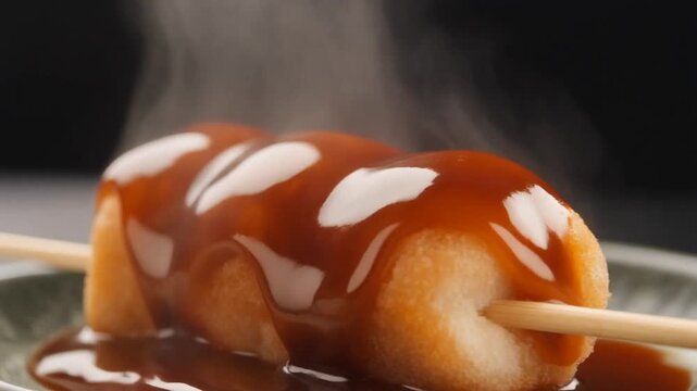 Delicious hot Japanese rice dumplings with sweet sauce and steam rising, a tempting food video