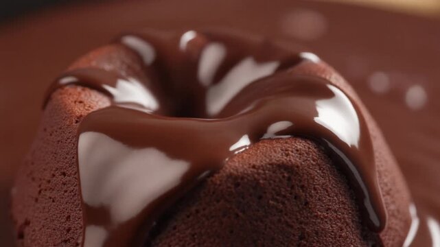Close-up of a decadent chocolate lava cake drizzled with rich, warm molten sauce