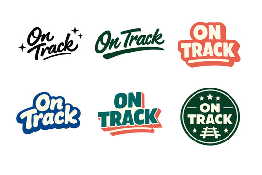Variety of 'on track' logo designs in different styles and colors