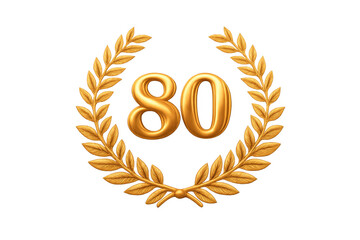 Golden 80 number with laurel wreath on transparent background