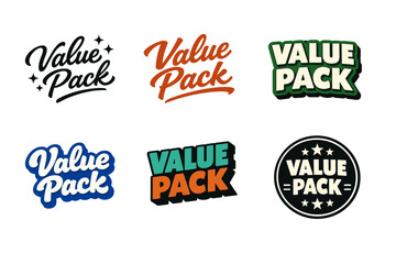 Collection of six distinct value pack logos in varied colors and styles