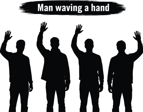Silhouettes of men waving hands against a white background