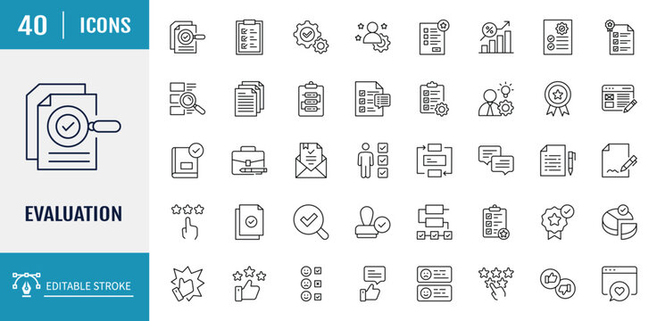 Evaluation icon set. Includes assessment, review, rate, grade, project icon. Outline icon set. Vector illustration with editable stroke