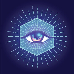 Rainbow gradient tattoo flash. Eye of Providence. Masonic symbol. All seeing eye with heart inside. Sacred geometry, religion, spirituality, occultism. Isolated vector illustration.