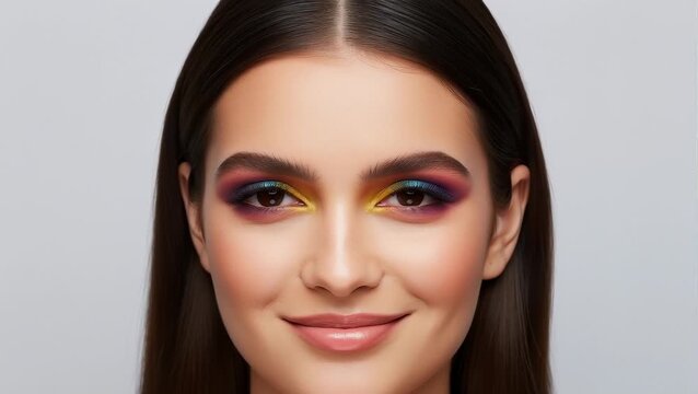 Woman With Vibrant Colorful Eyeshadow Makeup Looking Up With Eyes Closed Then Smiling, Close-Up Portrait