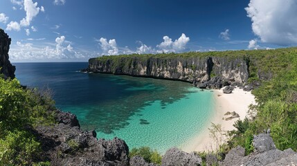 Tropical beach with turquoise water surrounded by rocky cliffs