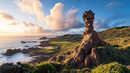 Unique rock formation on a rugged coastline with lush green hills