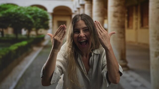 Woman covers eyes with hands and laughs inside a building courtyard framed by stone columns and trimmed hedges; joy playfulness.