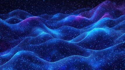 Digital wave background with blue and purple glowing particles