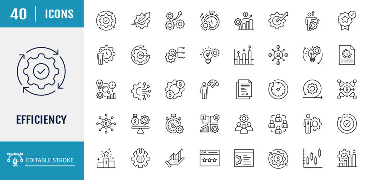Efficiency icon set. Includes productivity, optimization, resource utilization, effectiveness, streamlining, time management, and more. Outline icon set. Vector illustration with editable stroke