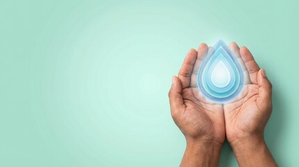 Fototapeta premium water drop, conservation, ecology, sustainability, hands cupping, environment, saving water concept for ecological protection and global resource management on a teal background.