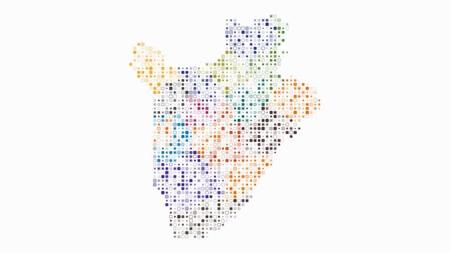 Burundi map animation. Shape of the country with pulsating colored dots. Small size rounded square blocks. Digital style Burundi map on white background. Awesome video.