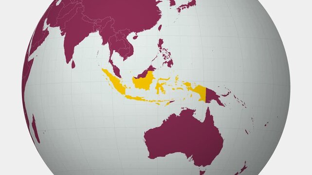 Indonesia map. Animated zoom into the country on the Globe in Pale Mint Dark Pink color palette. Country logo animation with round text and airplanes. Map with meridians, parallels. Alive video.