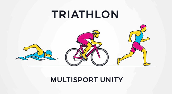 Dynamic Triathlon Illustration Featuring Swimming Cycling and Running Athletes