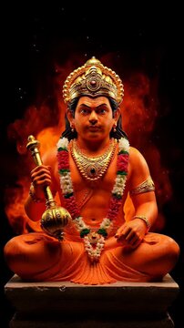 Cinematic 3D animation of orange Hindu deity Hanuman sitting in meditation with maces amidst rising mystical smoke on a black background, illustrating spiritual devotion