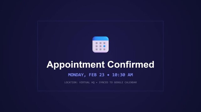 Visual confirmation of a successfully scheduled meeting or event, displayed digitally with a calendar icon, detailing the exact date and time for user convenience and planning