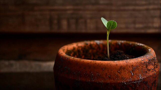 Macro shot of a young plant emerging from soil in a terracotta container
