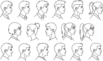 Men and women face profile line art collection, diverse head side view portraits isolated on white background vector © MDALRAFIN
