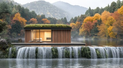 Modern wood-clad house with green roof perched above a cascading waterfall amidst autumn foliage and misty mountains.