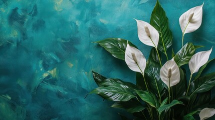 Peace lily with white blooms and lush green leaves against a teal background