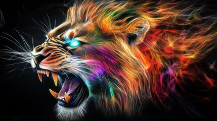 Roaring lion with vibrant mane and glowing eyes, a fierce digital artwork
