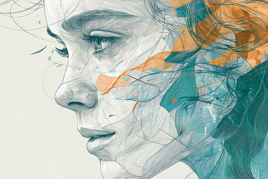 A creative and artistic illustration of a woman's face with abstract lines and colors forming a silhouette effect on her features