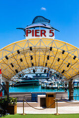 Fototapeta premium April 14, 2025. Bayside Marina and Pier 5 at Bayfront Park in Miami, Florida. Port Miami, Bayside Florida, USA. Selective focus.