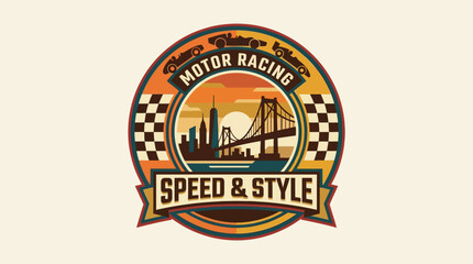 Obraz premium Vintage Motor Racing Speed and Style Emblem with City Skyline and Checkered Flags