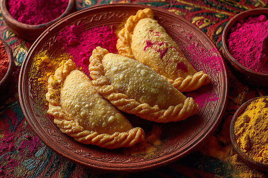 A plate of gujiyas sits on a table surrounded by vibrant colored powders for the Indian festival of Holi silhouette