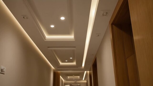 Modern corridor with recessed lighting and wooden doors viewed from a low angle