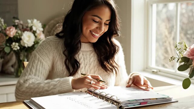 Smiling woman happily writing in planner by window with flowers.