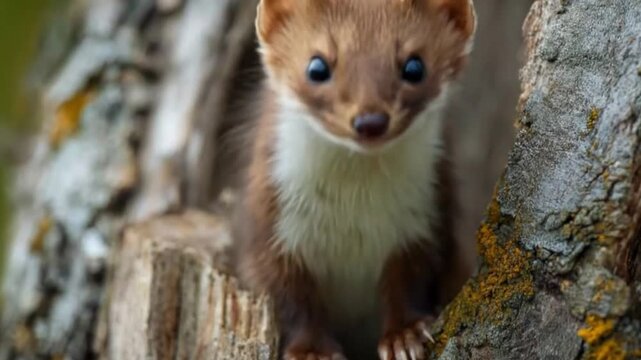 A brown and white stoat peeks from a tree hollow