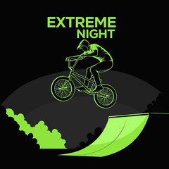 Naklejka premium Extreme Night Rider Performing Bicycle Stunts Under Moonlit Sky