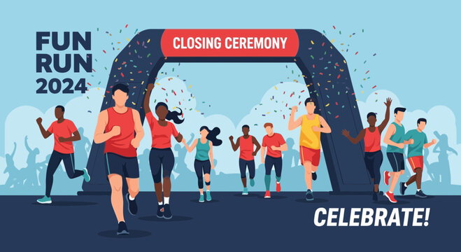Fun Run 2024 Closing Ceremony Celebration With Runners Crossing The Finish Line And Confetti