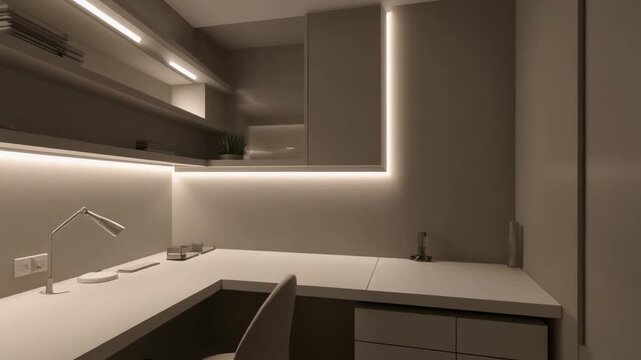 Modern kitchen interior with sleek countertop and LED lighting viewed from a corner perspective