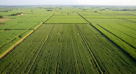 Aerial View of Vast Green Sugarcane Fields Divided into Agricult
