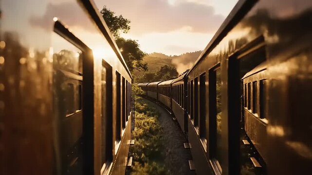 Scenic train journey through lush green countryside at sunset