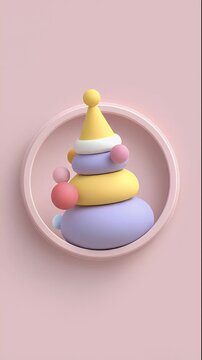 Cute pastel-colored toy pyramid with a party hat on a pink background.