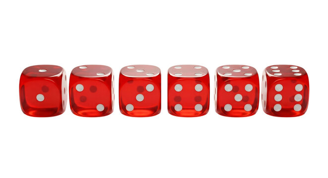A close-up shot of a collection of six red dice displayed.Isolated on transparent background