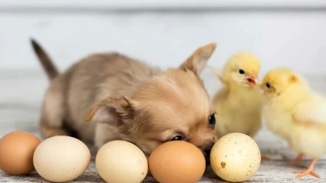 A chihuahua puppy sniffs speckled eggs while two yellow chicks peck at one of them on a light wooden surface